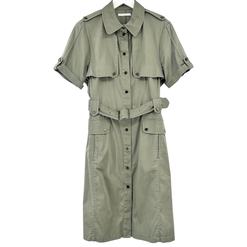 RODIER Khaki Gray Green Safari Style Cargo Belted Button Up Shirt Mini Dress